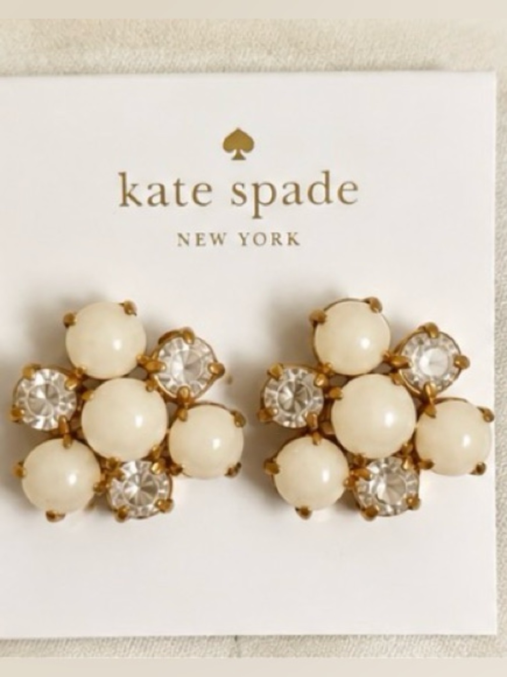 Kate Spade White Pearl Crystal Cluster Stud Earrings Gold NWT